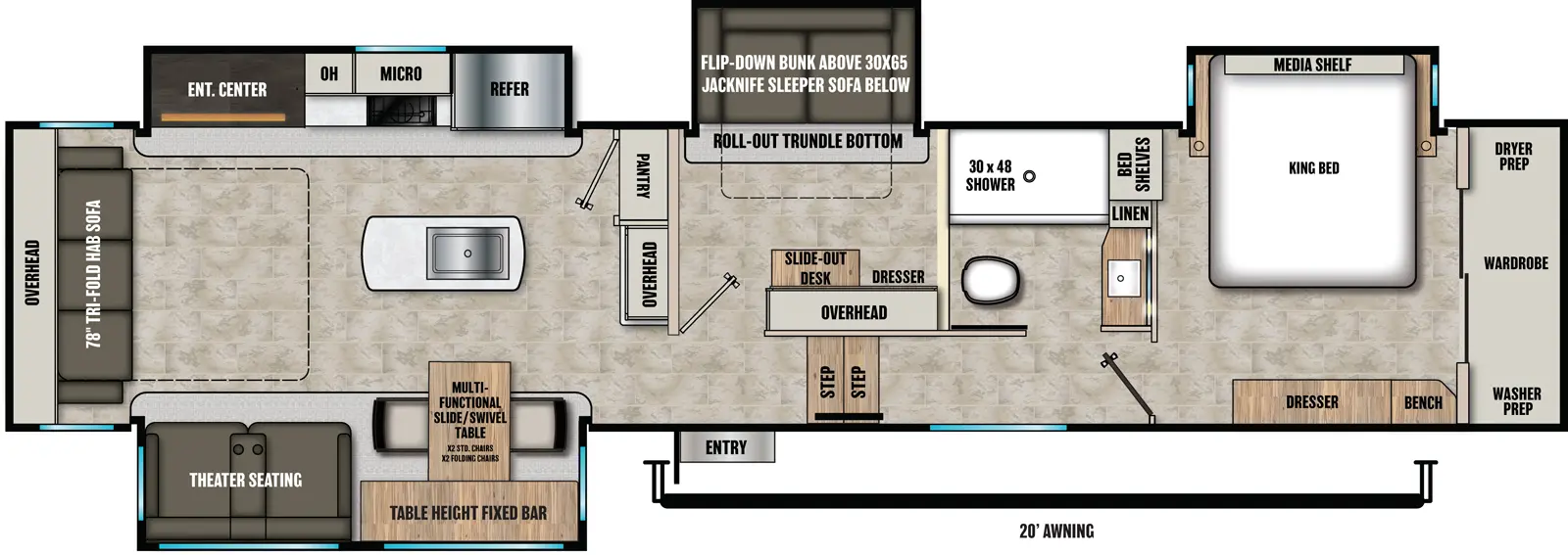 The Phoenix 391MBH floorplan has one entry and four slide outs. Exterior features include: fiberglass exterior and 20' awning. Interiors features include: bunk beds, kitchen island, front bedroom and rear living.